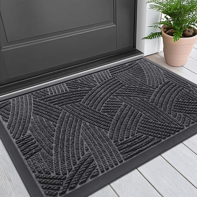 Smiry Front Door Mat Indoor Outdoor Entrance, Heavy Duty Natural Rubber, Sturdy Trap Dirt, Moisture Doormat and Easy Clean Low Profile Patio Porch Entryway Mat, 29.5x17 Inch, Grey/Geometric
