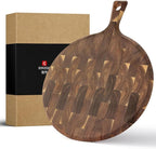 XINZUO Acacia Wood End-Grain Round Cutting Board with Handle for Kitchen Bread Pizza Cheese Fruit Charcuterie Serving Cutting Board, Two-sided Use, 16.7 x 12.5 x 0.75 inches