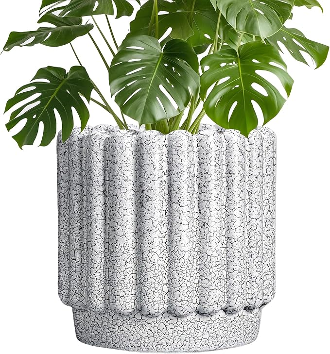 Ceramic Flower Pots - 9.6 Inch Indoor Planter, Decorative Ceramic Plant Pots with Drainage Hole, Fluted Round Large Planter Outdoor, Living Room Decor, Gifts for Women Men, Black and White