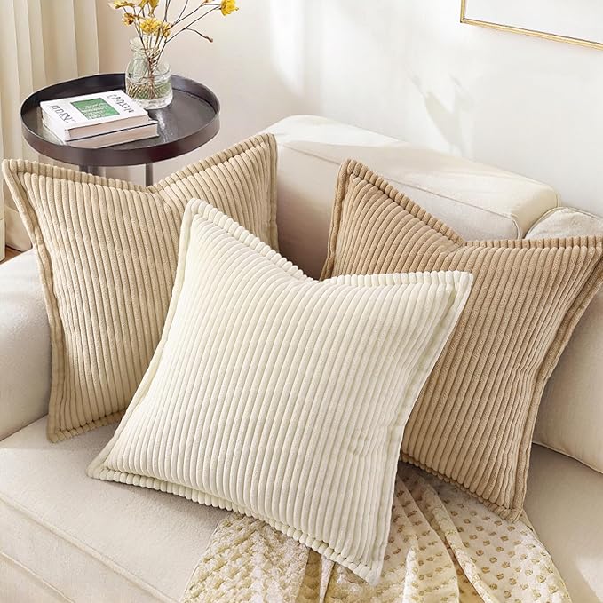 decorUhome Christmas Corduroy Cream White Throw Pillow Covers 20x20 Set of 2 Decorative Soft Boho Farmhouse Euro Couch Pillow Covers for Living Room Bed Sofa Broadside Striped Pillow Cases