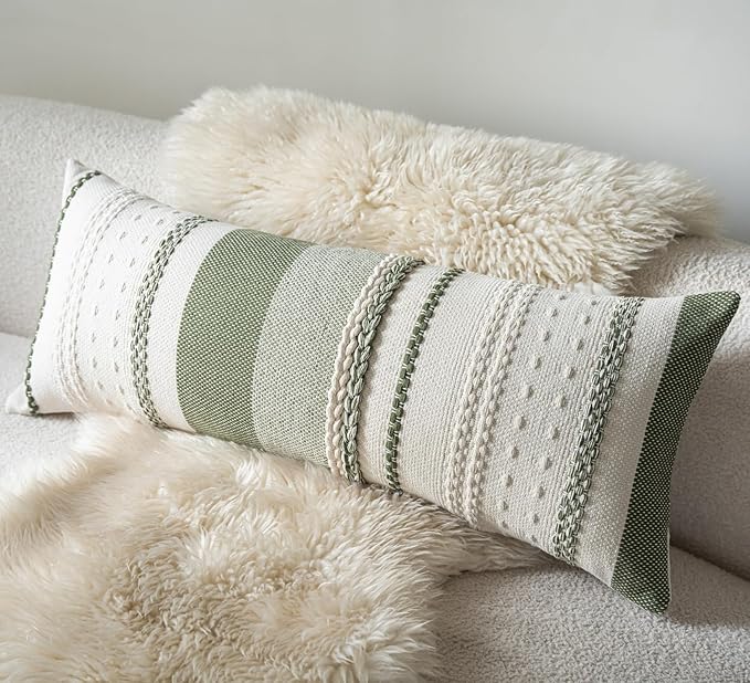 Boho Lumbar Pillow Covers 14x36 Inch Long, Green Textured Decorative Couch Pillow Cases for Farmhouse Home Decor, Accent Cushion Cover for Sofa, Bed, Living Room, Bedroom, Pack of 1