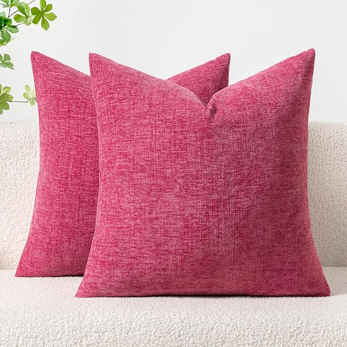MIULEE Pack of 2 Couch Throw Pillow Covers 20x20 Inch Soft Hot Pink Chenille Pillow Covers for Sofa Living Room Solid Dyed Pillow Cases