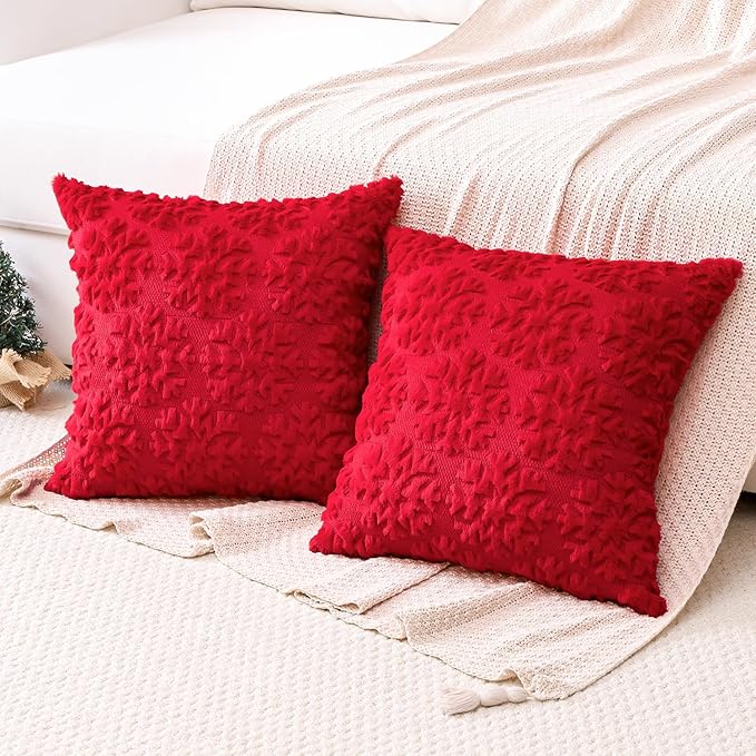 OTOSTAR Set of 2 Xmas Soft Plush Short Wool Velvet Decorative Throw Pillow Covers Square Luxury Style Cushion Case Pillow Shell for Sofa Bedroom Snowflake Red, 18x18 Inch