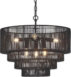 19.7" Hand-Woven Rattan Chandelier Vintage Farmhouse 6-Lights Boho Black Bamboo Chandeliers Light Fixture Retro Drum Wicker Rattan Chandelier for Dining Room, Kitchen Island, Bedroom, E12