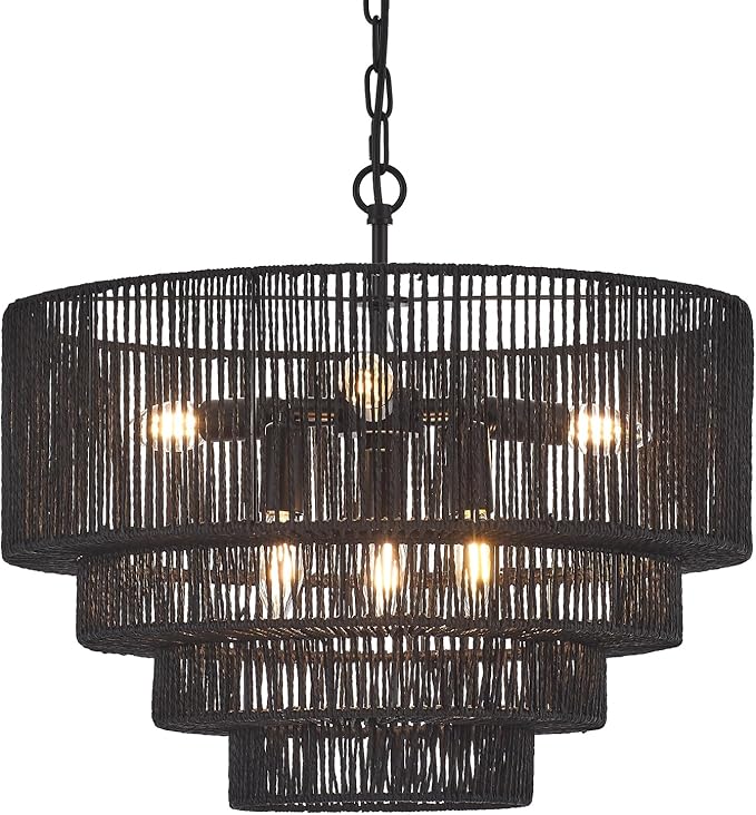 19.7" Hand-Woven Rattan Chandelier Vintage Farmhouse 6-Lights Boho Black Bamboo Chandeliers Light Fixture Retro Drum Wicker Rattan Chandelier for Dining Room, Kitchen Island, Bedroom, E12