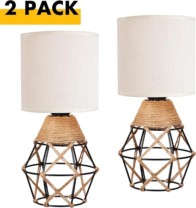 Hamilyeah Table Lamps Set of 2 with On/Off Switch, Farmhouse Woven Bedside Lamps for Night Stands with Beige Linen Fabric Shade for Bedroom, Living Room