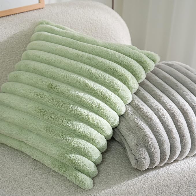 DEELAND Pack of 2,Double-Sided Faux Fur Plush Decorative Throw Pillow Covers Fuzzy Striped Soft Pillowcase Cushion Covers for Sofa Couch Bedroom Green 18x18 inch