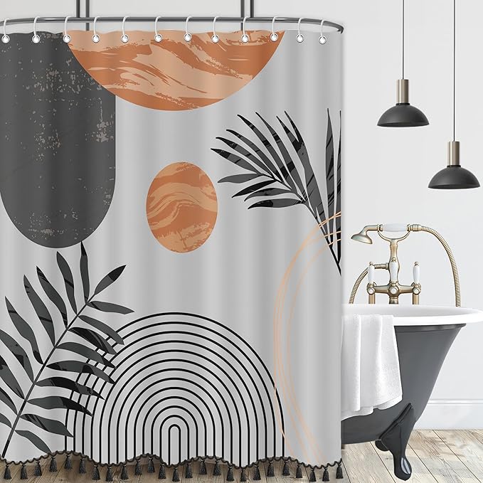 Boho Mid Century Leaf Shower Curtain Set,Arch Sun Design,Minimalistic Leaves Pattern,Waterproof and Luxurious Fabric-12 Hooks(Grey-72" x 78")