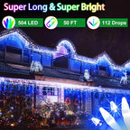 50FT 504 LED Outdoor Christmas Lights - 112 Ice Drops, 12 Pro Modes with Timer Memory & Brightness, Waterproof Hanging Ice String Light for Holiday Wedding Garden Fence House Decor (Blue & White)