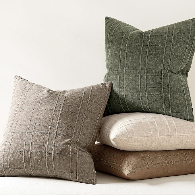 MIULEE Decorative Linen Check Throw Pillow Covers Neutral Farmhouse Vintage Pillow Covers 20x20 Set of 2 Boho Modern Winter Home Decor for Sofa Couch Bedroom Cushion Tan Taupe
