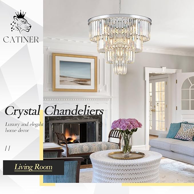 Modern Chrome Crystal Chandeliers 24” Luxury Chandeliers 4-Tier 12 Lights K9 Crystal Round Ceiling Pendant Light Fixture Contemporary for Living Dining Room Foyer Staircase Bedroom