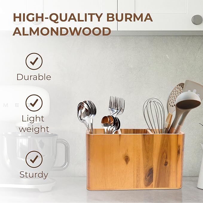 Wooden Utensil Holder for Kitchen Counter, 3 Compartments, Rectangle & Handles, Spatula Spoon Cooking Gadgets Tools Organizer, Large Utensil Crock