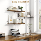 Fun Memories Floating Shelves, 32 x 8 Inches, Set of 3 Wall-Mounted Bookshelves with Metal Brackets, Decorative Storage for Home and Office (Rustic Brown)