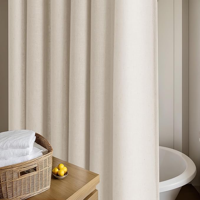 Beige Linen Shower Curtain Neutral Shower Curtains for Bathroom Decor Flax Textured Bath Drapes Boho Farmhouse Rustic Shabby Chic Country Bathroom Tan Beige Drapes with Hooks, 72x72