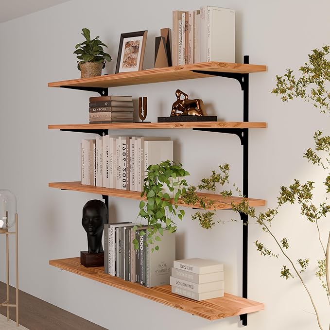 ROGMARS Floating Book Shelves for Wall,Natural Wood Adjustable Floating Wooden Wall Shelves 48 Inch for Bedroom,Living Room,Kitchen, Closet Organizers and Storage,Set of 4