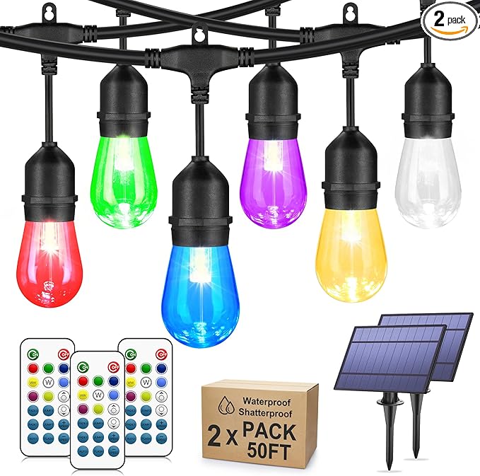 100FT(2x50FT) RGB Solar Outdoor String Lights with Remote, Multicolor&Warm White Dimmable Waterproof Patio Lights with 30 LED S14 Bulbs-Black