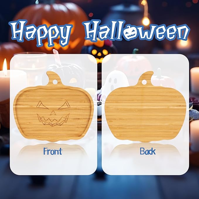 TJ POP Halloween Pumpkin Serving Platter - Spooky Pumpkin Charcuterie Board | 10” x 9” Bamboo Serving Tray | Natural Wood Appetizer Platter for Candy, Snacks, Desserts, Festive Decor & Food Display