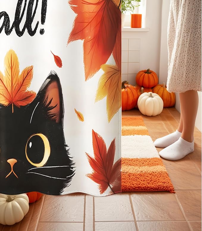 MAMUSE Fall Shower Curtain for Bathroom Stall Cute Decorative Waterproof Unique Design TeenWomen Cortinas de Baño Bathtub 72 x72 Inch, Cat Leaves