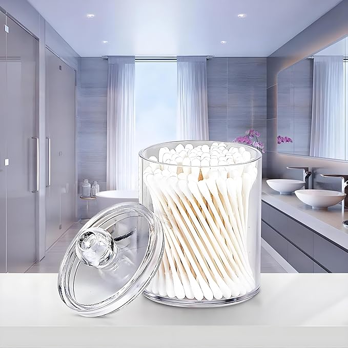 AXX Qtip Dispenser Apothecary Jars Bathroom - Qtip Holder Storage Canister Clear Plastic Jar for Cotton Swab,Q-Tips,Cotton Rounds (Clear 3Pcs)