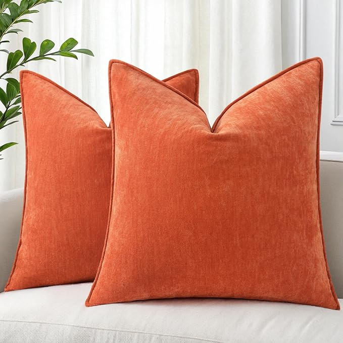 decorUhome Fall Couch Throw Pillow Covers 22x22 Set of 2, Decorative Soft Euro Neutral Chenille Pillow Covers with Elegant Design for Sofa Bed Living Room Home Decor, Rust