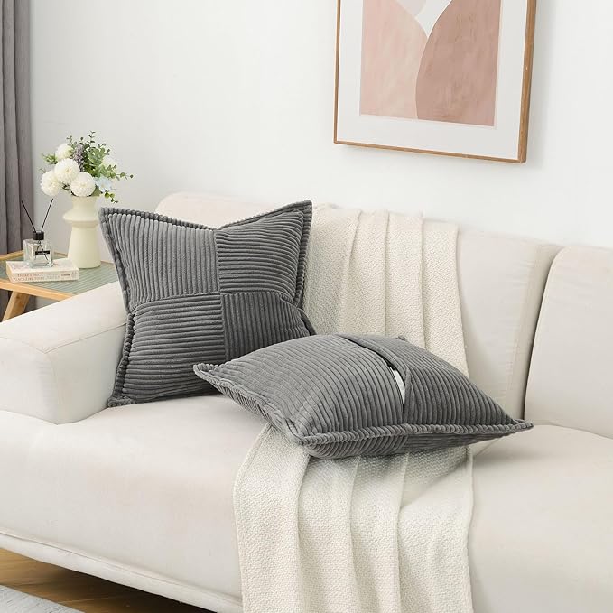 HAUSSY Dark Grey Throw Pillow Covers 18x18 Inch Set of 2,Soft Solid Corduroy Striped/Wide Bordered,Square Decorative Cushion Case,Spring Home Decorations for Couch,Bed