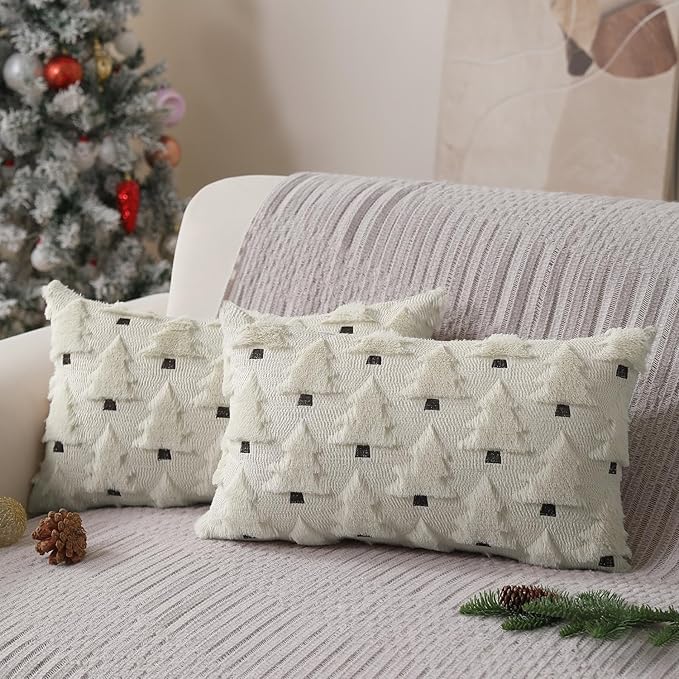 Christmas Pillow Covers 12x20 inch Set of 2 Christmas Decorations Soft Plush Faux Fur Wool Cream White Xmas Tree Throw Pillow Cases Winter Holiday Decor for Sofa Living Room PT-002D12