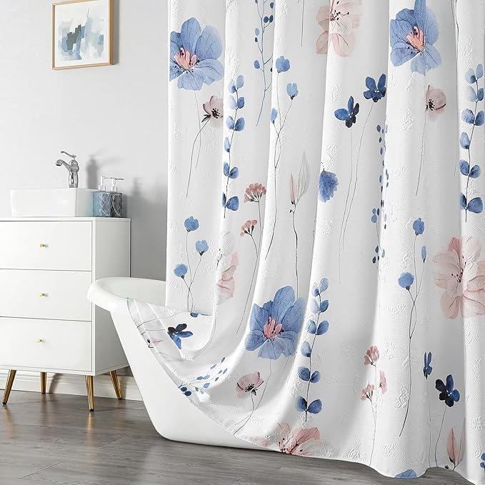 QiyI Extra Long Shower Curtain 72 x 84, Watercolor Floral Bath Curtain, 3D Embossed Butterflies Blue Flower Cloth Bathroom Curtains, Waterproof Fabric Farmhouse Textured Shower Curtain Set with Hooks