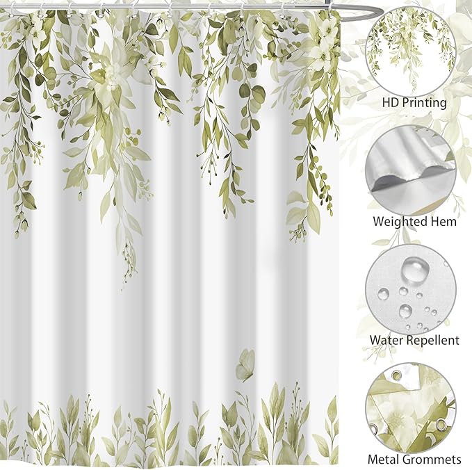 Eucalyptus Shower Curtain, Beige Watercolor Leaves with Floral Botanical Bathroom Decor, Waterproof Fabric Bath Curtain Set with Hooks, 72x84 Inches