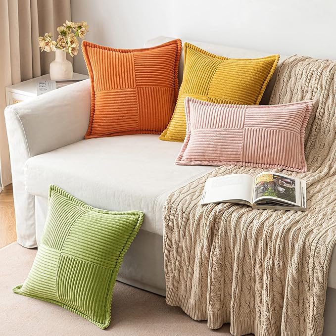 MIULEE Decorative Throw Pillow Covers for Couch Bed Livingroom 16x16 Inch Set of 2 Green Boho Accent Throw Pllows Broadside Striped Patchwork Soft Corduroy Summer Pillowcases