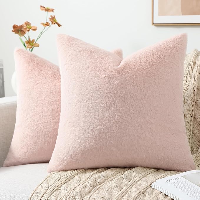 Pallene Faux Fur Plush Throw Pillow Covers 26x26 Set of 2, Luxury Soft Fluffy Cozy Decorative Pillow Covers for Sofa, Couch, Living Room, Blush Pink