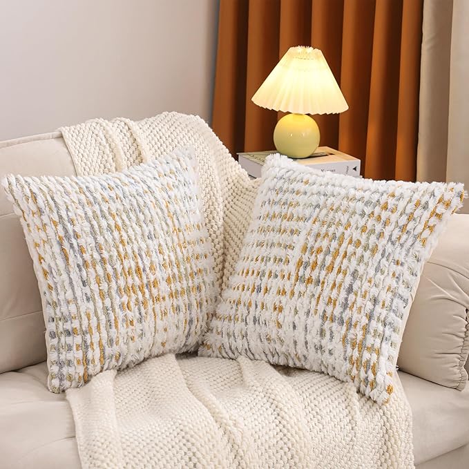 LUOYEHK Boho Throw Pillow Covers 20x20 Inch Set of 2 Chenille Tufted Pillowcase Farmhouse Neutral Cushion Covers for Couch Sofa Bed Living Room, Yellow White