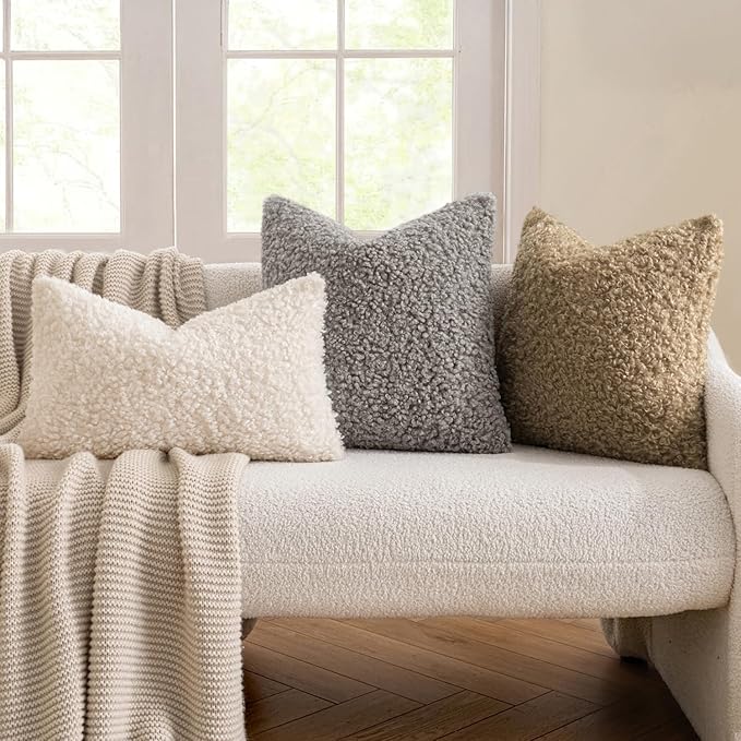 MIULEE Pack of 2 Throw Pillow Covers 18x18 Inch Neutral Gray Faux Fur Decorative Sherpa Pillow Covers Fuzzy Accent Soft Sheepskin Fleece Cushion Cases for Boho Home Decor Couch Living Room Bed