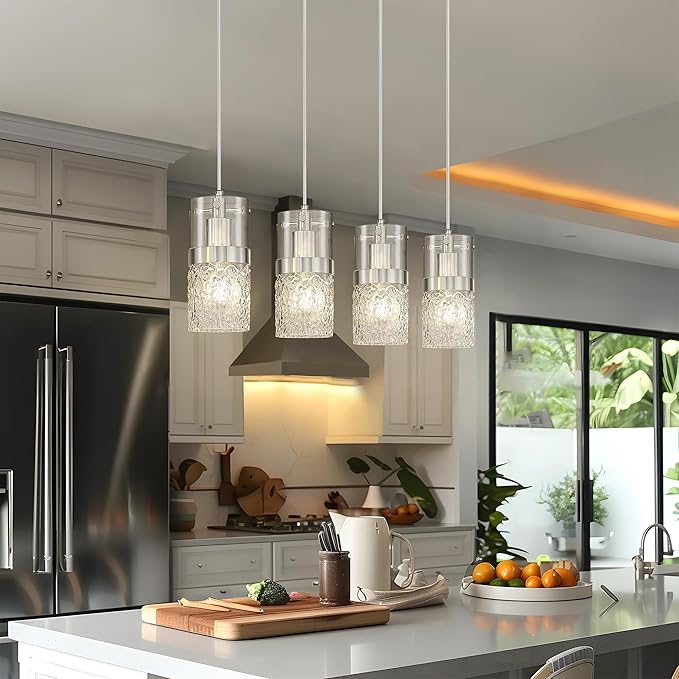 LMS 4-LightIsland Lighting, Brushed Nickel Kitchen Island Light Fixture, Farmhouse Linear Chandeliers for Dining Room Over Table Pendant Light with Hammered Glass for Living Room, LMS-171BN4L
