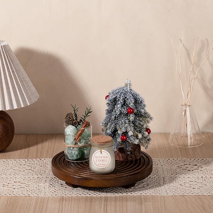 Round Decorative Tray Farmhouse Bathroom Decor Wood Riser Kitchen Countertop Organizer for Perfume, Candle, Plant, 9 inch Walnut