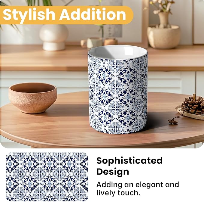 Ceramic Kitchen Utensil Holder for Countertop, Embossed Pattern Crock with Kiln-Fired Finish, Counter Organizer for Cooking Tools ,Blue
