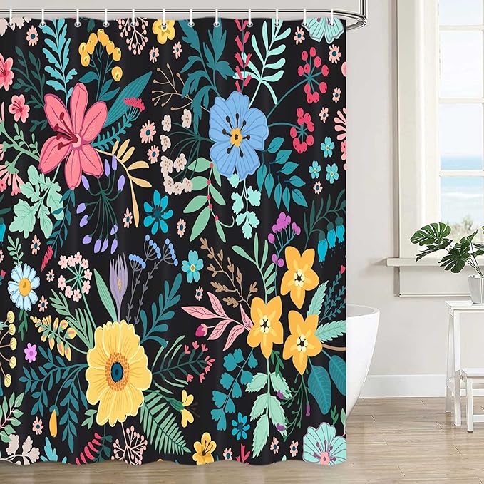 Boho Floral Shower Curtain, Colorful Flower Leaves Design for Bathroom Decor, Modern Rustic Country Wildflower Black Fabric Shower Curtains Set with Hooks, 72x72 Inches