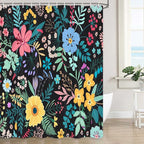 Boho Floral Shower Curtain, Colorful Flower Leaves Design for Bathroom Decor, Modern Rustic Country Wildflower Black Fabric Shower Curtains Set with Hooks, 72x72 Inches