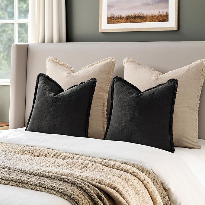 EMEMA Linen Fringe Throw Pillow Covers Set of 2 Boho Farmhouse Accent Decorative Pillowcase with Tassels for Couch Sofa Bed Living Room Home Decor 24x24 Inch,Black