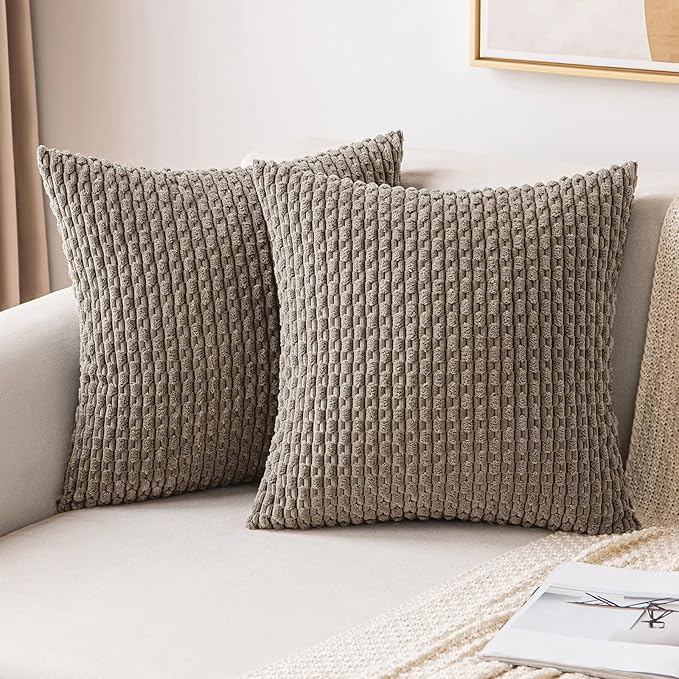 MIULEE Pack of 2 Decorative Throw Pillow Covers 16x16 Inch Soft Boho Striped Textured Corduroy Pillow Covers Modern Farmhouse Home Decor for Couch Bed Sofa Living Room Neutral Brown