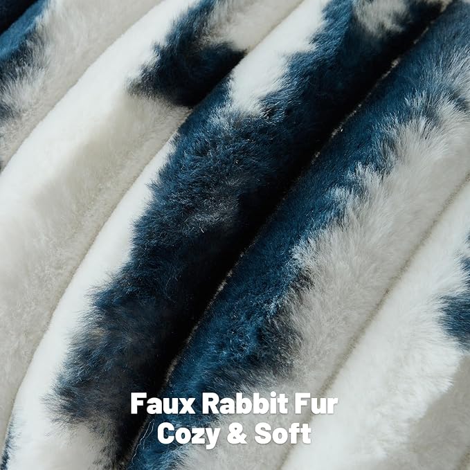 FUTEI Navy Blue Decorative Throw Pillow Covers 16x16 Inch Set of 2, Soft Tie-Dye Faux Rabbit Fur Striped Texture Cushion Case, Modern Home Decor for Couch Bed Living Room