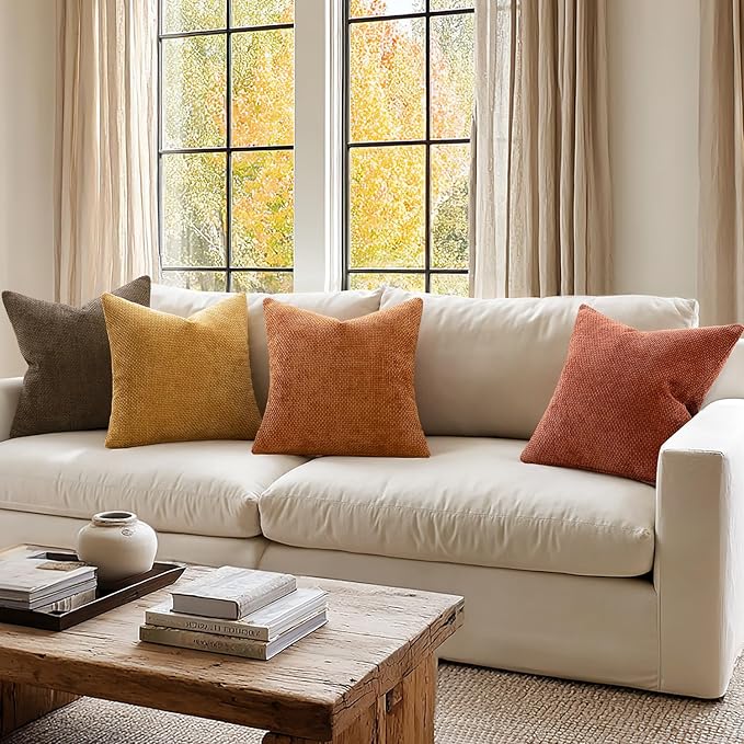MIULEE Pack of 4 Fall Orange/Yellow Couch Throw Pillow Covers 18x18 Inch Halloween Soft Decorative Chenille Pillows Farmhouse Accent Cushions for Boho Home Decor Spring Sofa Bedroom Living Room