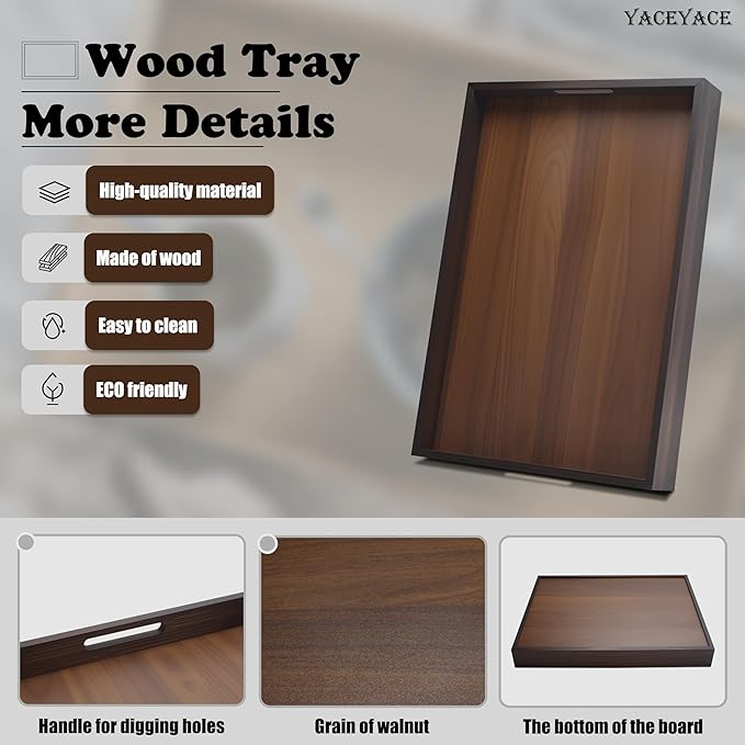 Wood Serving Tray, 13"x8.7"x1.5" Small Food Tray for Party, Dining, Home Decor, Bed, Bathroom, Living Room, Drink, Coffe Table