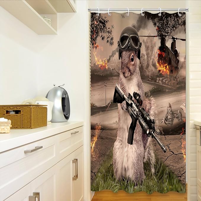 Funny Squirrel Warrior Shower Curtain Helicopter Animal Bathroom Set with 12 Hooks 72Hx36W inch Polyester Machine Washable Waterproof Brown Black and Green