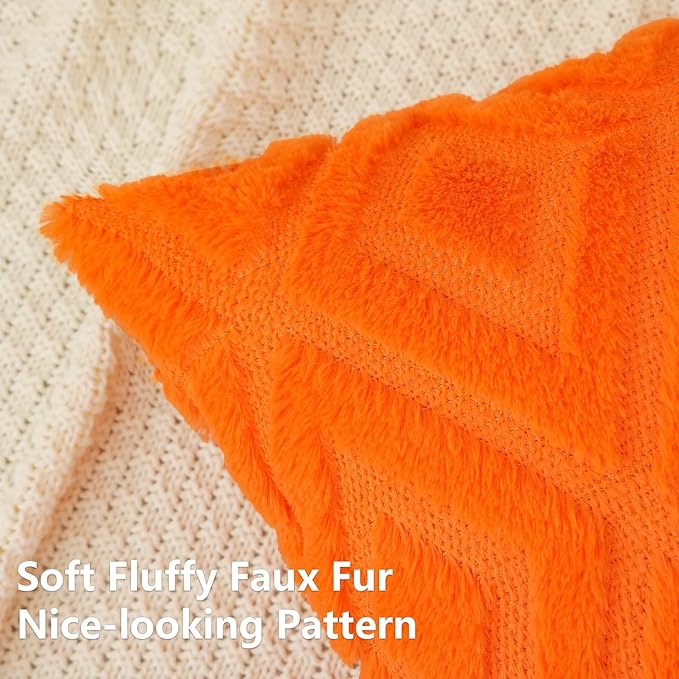 Pallene Orange Throw Pillow Covers 24x24 Set of 2, Soft Plush Faux Fur Decorative Couch Pillow Covers for Sofa Bed Living Room Pillow Cases with 3D Diamond Pattern