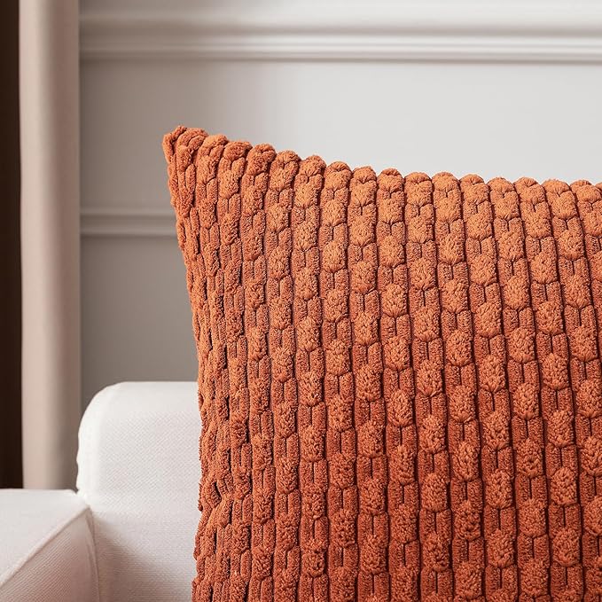 Kevin Textile Fall Pack of 2 Corduroy Decorative Throw Pillow Covers 16x16 Inch Soft Boho Striped Pillow Covers Modern Farmhouse Home Decor for Sofa Living Room Couch Bed Rust