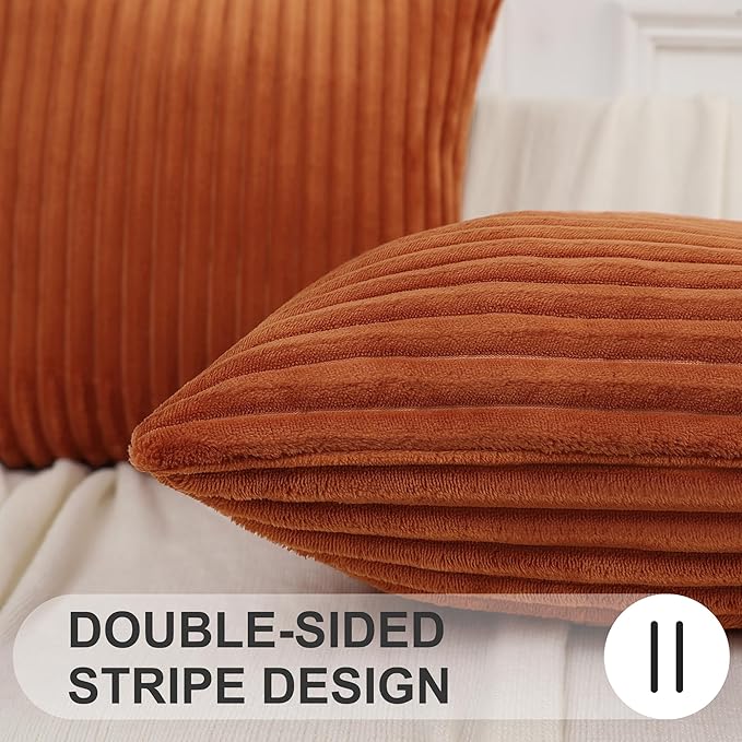 Simmore Decorative Fall Throw Pillow Covers 18x18 Set of 2, Soft Natural Plush Flannel Double-Sided Fluffy Couch Pillow Covers for Sofa Living Room, Rust