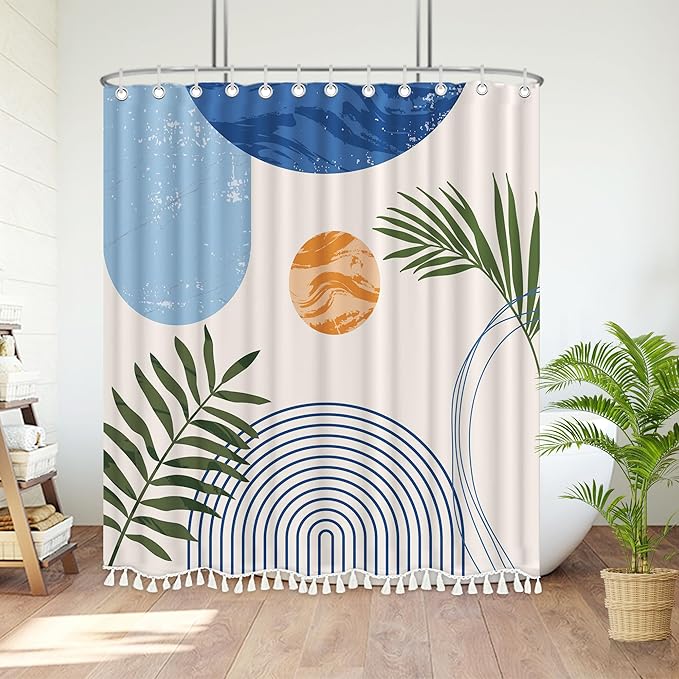 Boho Mid Century Leaf Shower Curtain Set,Arch Sun Design,Minimalistic Leaves Pattern,Waterproof and Luxurious Fabric-12 Hooks(Light Blue-72" x 84")