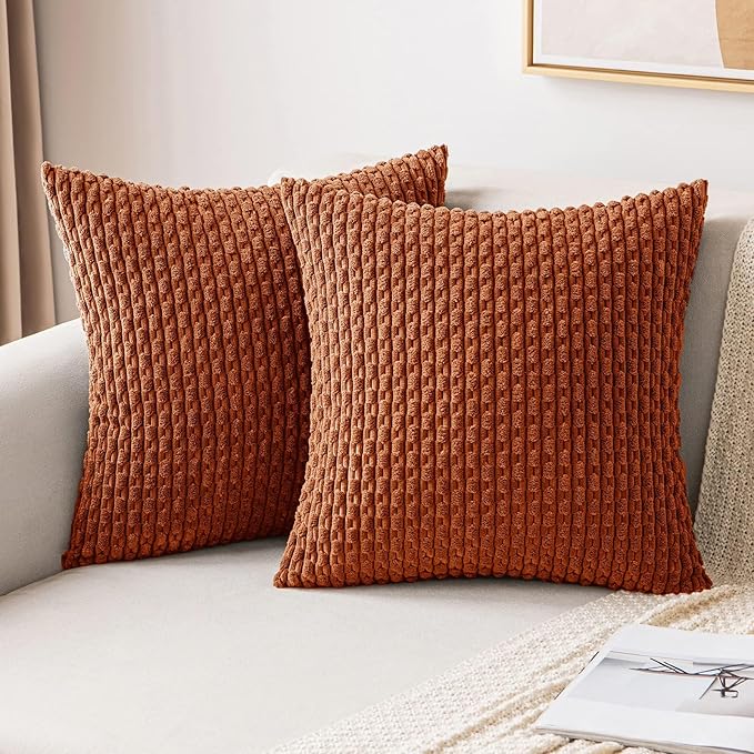 MIULEE Rust Throw Pillow Covers Soft Corduroy Decorative Set of 2 Boho Striped Pillow Covers Pillowcases Farmhouse Home Decor for Couch Bed Sofa Living Room 22x22 Inch