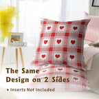 Love Hearts Throw Pillow Covers Set of 2, 16x16 Inch – Red and White Checkered Plaid Cotton Hidden Zipper Pillowcases for Couch Sofa Bed Porch Farmhouse Holiday Home Decor