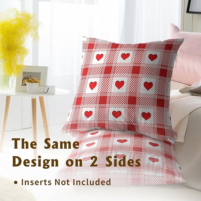Love Hearts Throw Pillow Covers 18x18 Inch – Pack of 2 Red and White Checkered Plaid Romantic Cotton Hidden Zipper Pillowcases for Couch Sofa Chair Bed Porch Farmhouse Home Decor